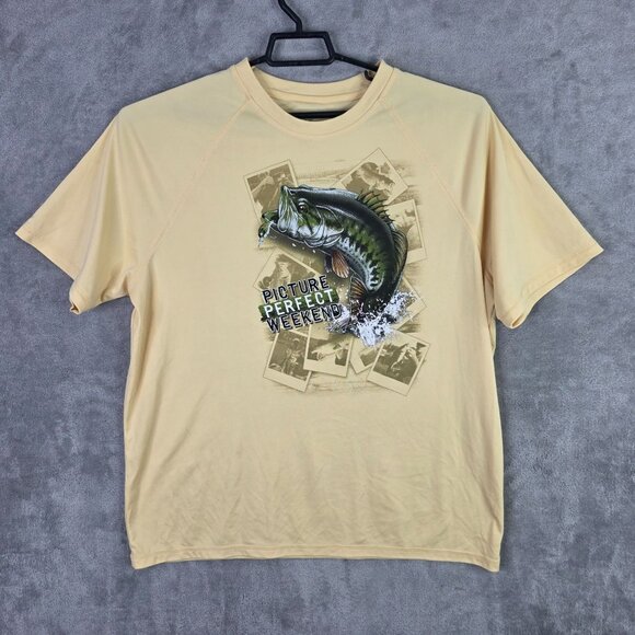 Mens Largemouth Bass Fishing Yellow T Shirt Short Sleeve Crew Neck Polyester XL - Picture 2 of 8